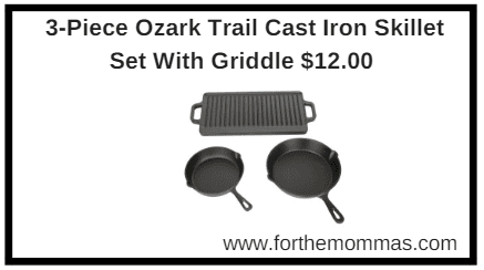 3-Piece Ozark Trail Cast Iron Skillet Set With Griddle $12.00