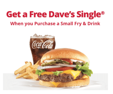 Wendy’s: FREE Dave’s Single w/ Purchase of Small Fry & Drink