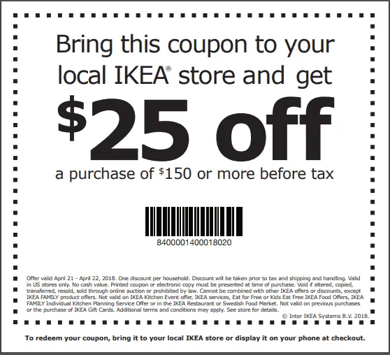 Ikea Printable Coupon 25 Off 150 Purchase 4 21 4 22 Only Ftm