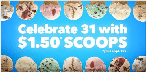 Baskin Robbins: Ice Cream Scoops For $1.50 on May 31, 2018