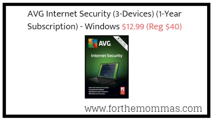 AVG Internet Security (3-Devices) (1-Year Subscription) - Windows $12.99 (Reg $40)