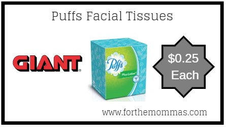 Giant: Puffs Facial Tissues JUST $0.25 Each Starting 3/29!