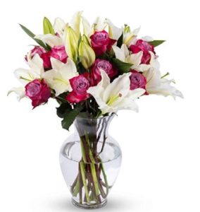 Benchmark Bouquets Lavender Roses and White Oriental Lilies, With Vase (Fresh Cut flowers)