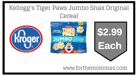 Kroger: Kellogg's Tiger Paws Jumbo Snax Original Cereal $2.99 {Kroger Digital Coupon}