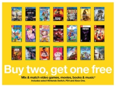 Target: Buy Two, Get One Free Video Games, Movies, Books & Music