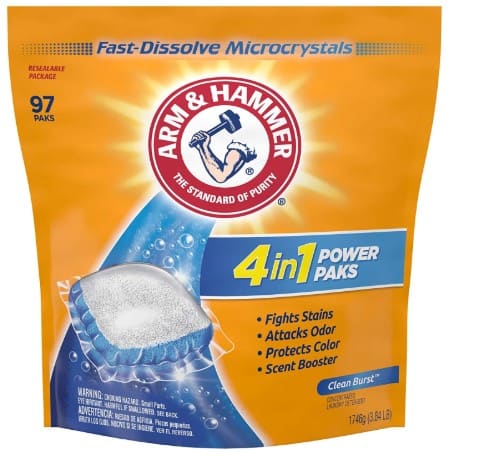 Arm & Hammer 4-in-1 Laundry Detergent Power Paks, 97 Count $8.92