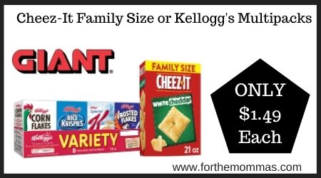 Giant: Cheez-It Family Size or Kellogg's Multipacks