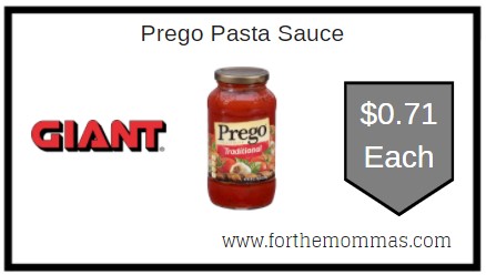 Giant: Prego Pasta Sauce JUST $0.71 Each 