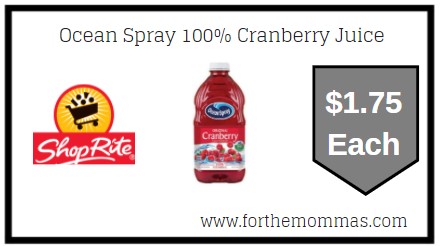 ShopRite: Ocean Spray 100% Cranberry Juice JUST $1.75 Each 