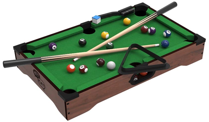 Amazon: Mini Tabletop Pool Set- Billiards Game Includes Game Balls, Sticks, Chalk, Brush and Triangle-Portable $17.78