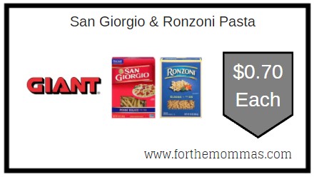 Giant: San Giorgio & Ronzoni Pasta ONLY $0.70 Each