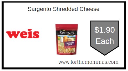Weis: Sargento Shredded Cheese ONLY $1.90 Each 