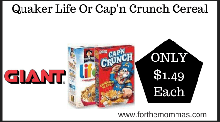 Quaker Life Or Cap'n Crunch Cereal