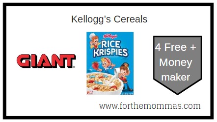 Giant: 4 FREE Kellogg’s Cereals + Moneymaker 